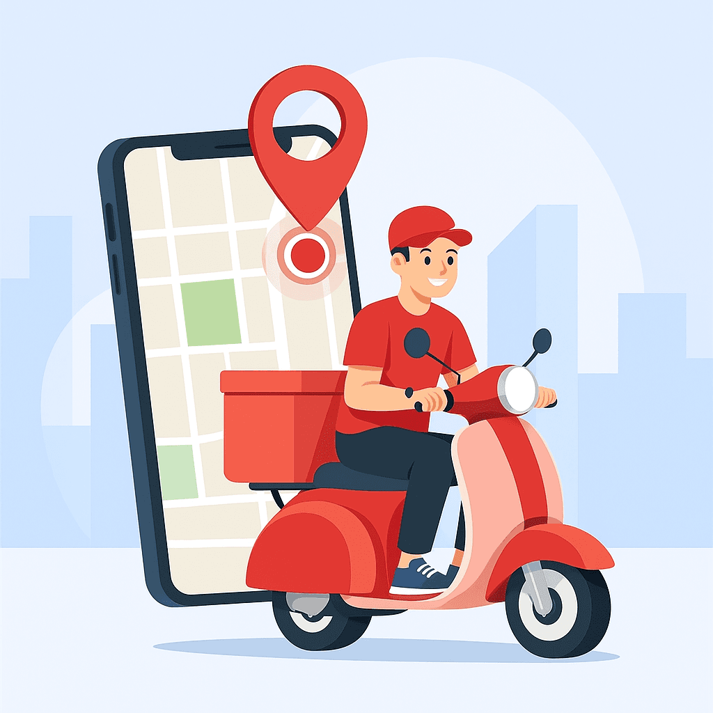 Courier delivery service illustration showing a delivery person on a scooter with smartphone map interface